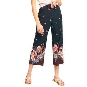 Ett:Twa by Anthropologie Black Floral Wide Leg High Rise Pull On Pant NEW S